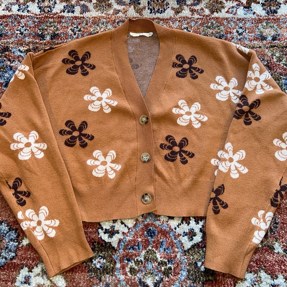 Molly Green Floral Patterned Brown Cardigan Sweater